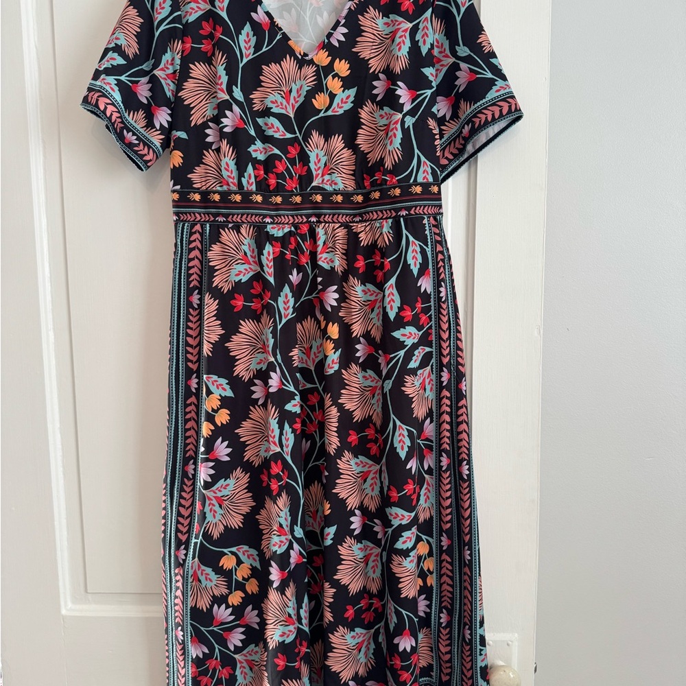 BloomChic Black Maxi Dress with Coral, Teal and Yellow Floral Print